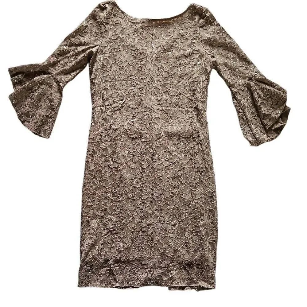 MARINA Lace Sequin Fully Lined Cocktail Dress Taupe 8